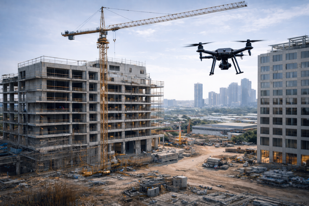 baustelle in urbaner umgebung mit drohne